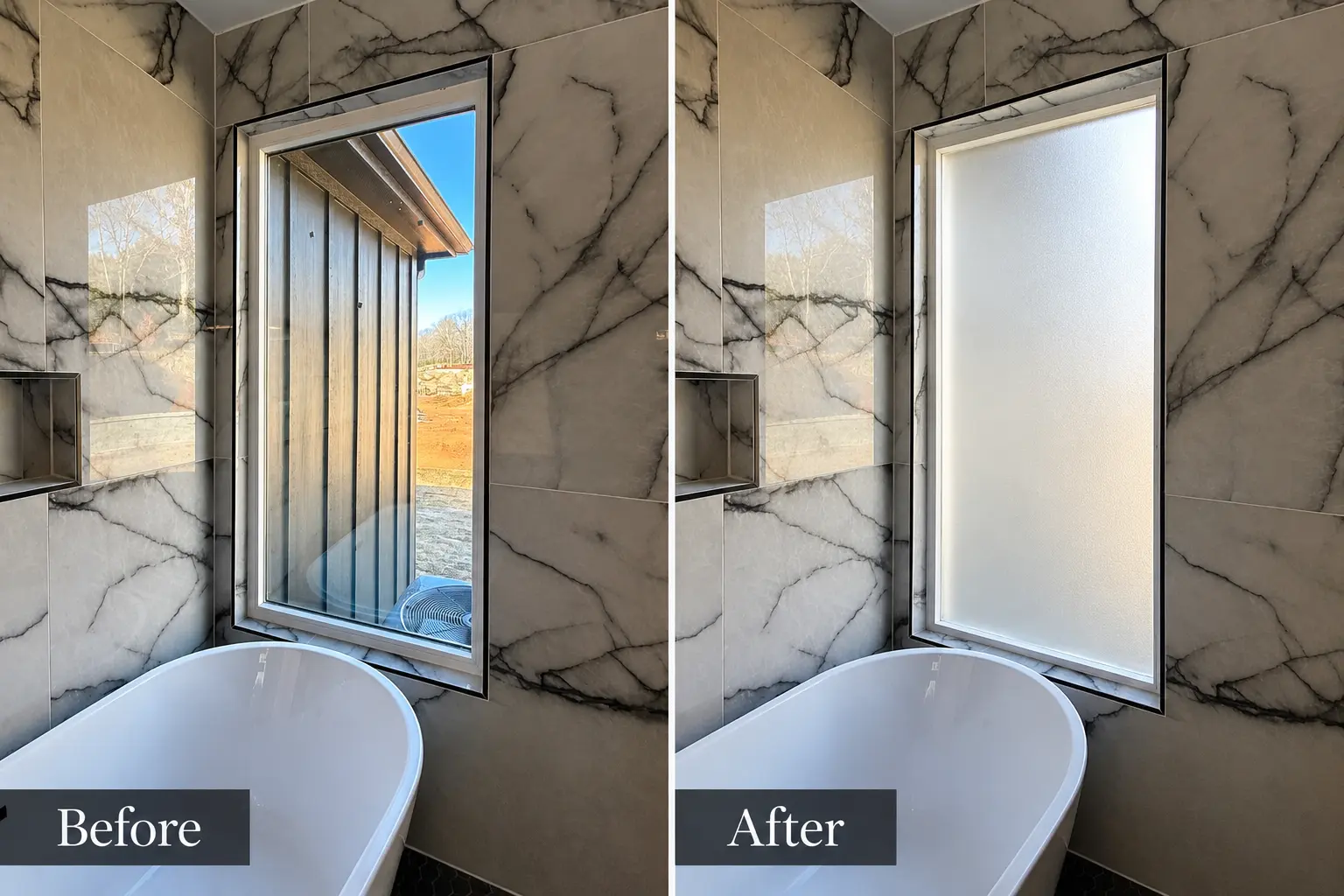 Before and after comparison of a bathroom window with frosted privacy film